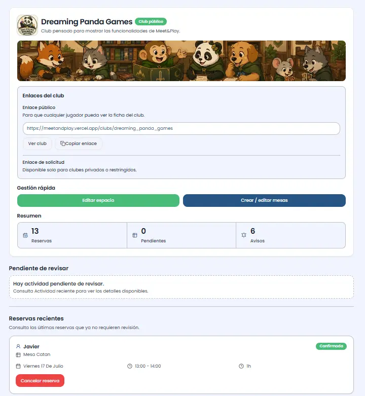 Panel de administración de un club en Meet&Play